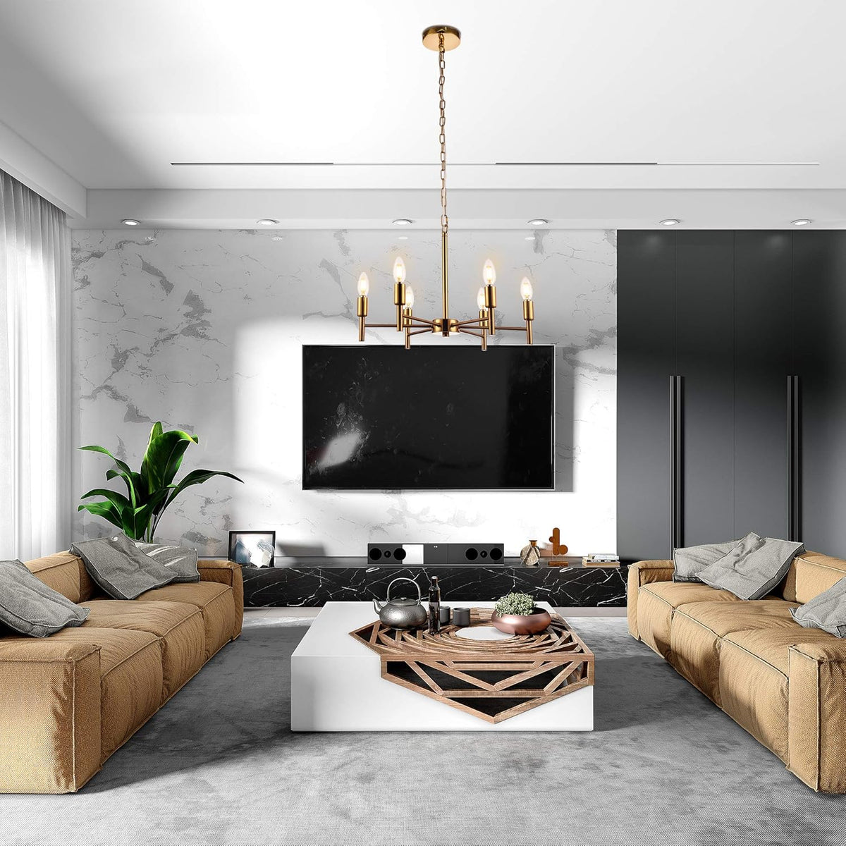 Brushed Brass 6 Lights Modern Pendant Ceiling Light Fixture C82553