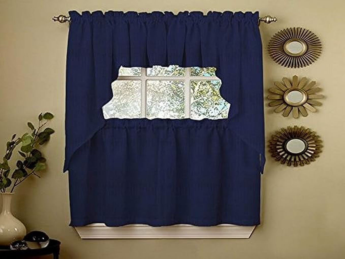 Navy Rib Cord Kitchen Curtains Swag Pair P9651