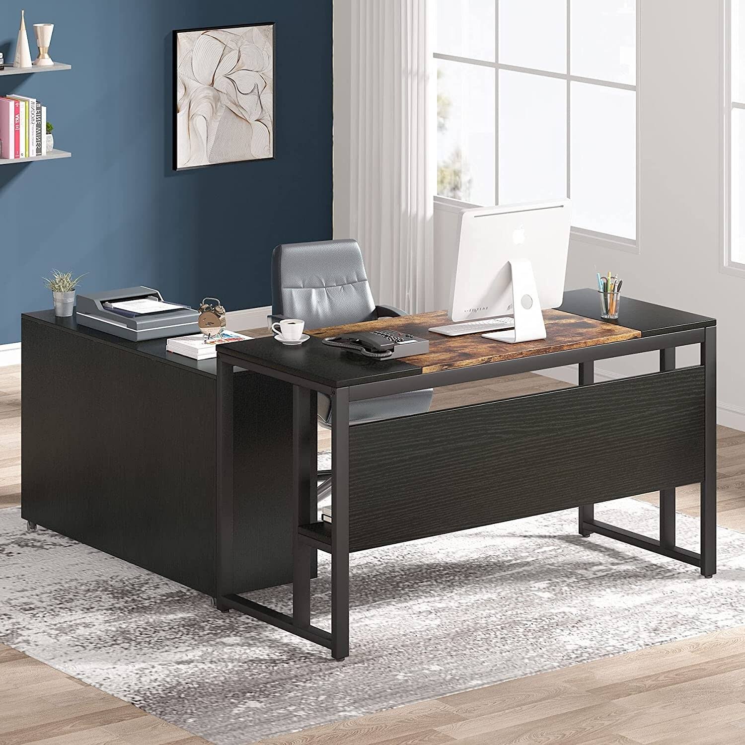 Brown Black L Shaped Computer Desk with File Cabinet Storage Z78454