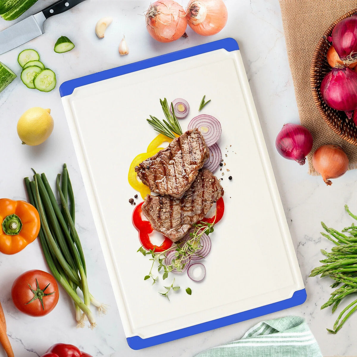 Blue Plastic Cutting Board with Drip Grooves W64858