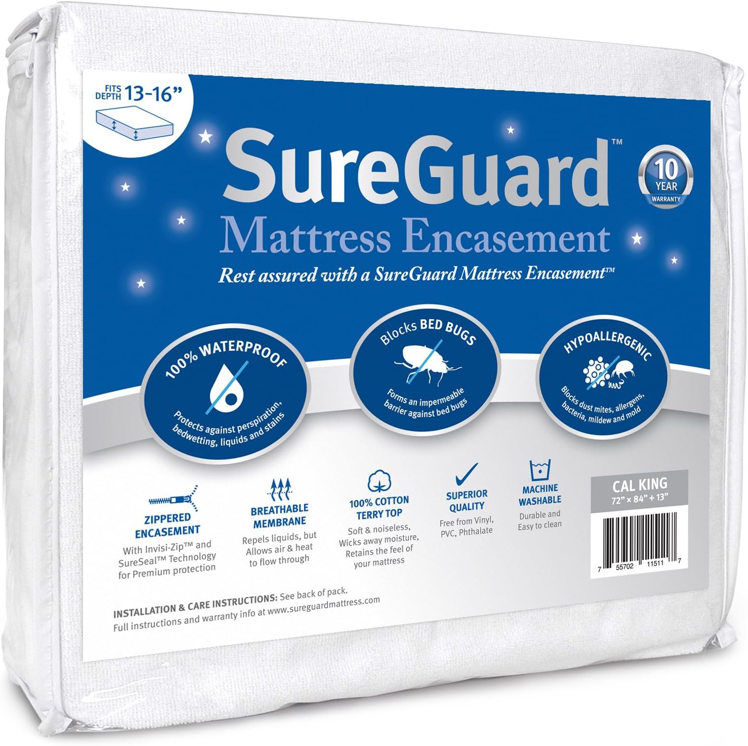 Cal King Mattress Encasement - 100% Waterproof, Bed Bug Proof - Zippered Six-Sided Cover I177540