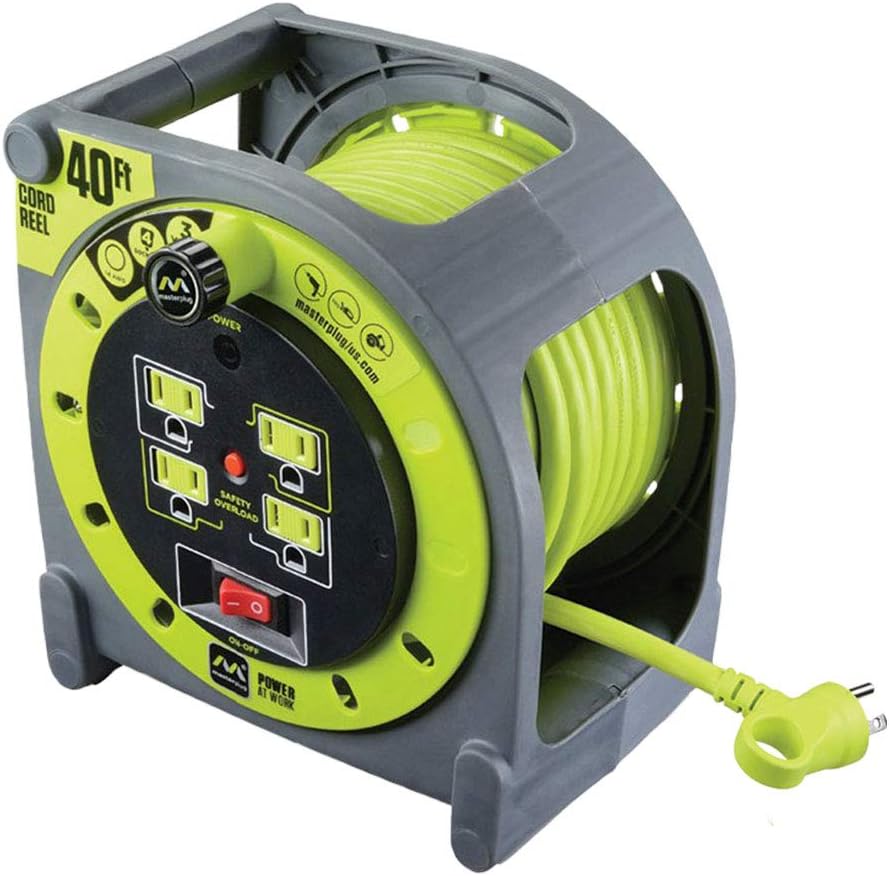 Heavy Duty Metal Cord Reel with 4 Outlets and 12 Gauge Cord (100ft) D947