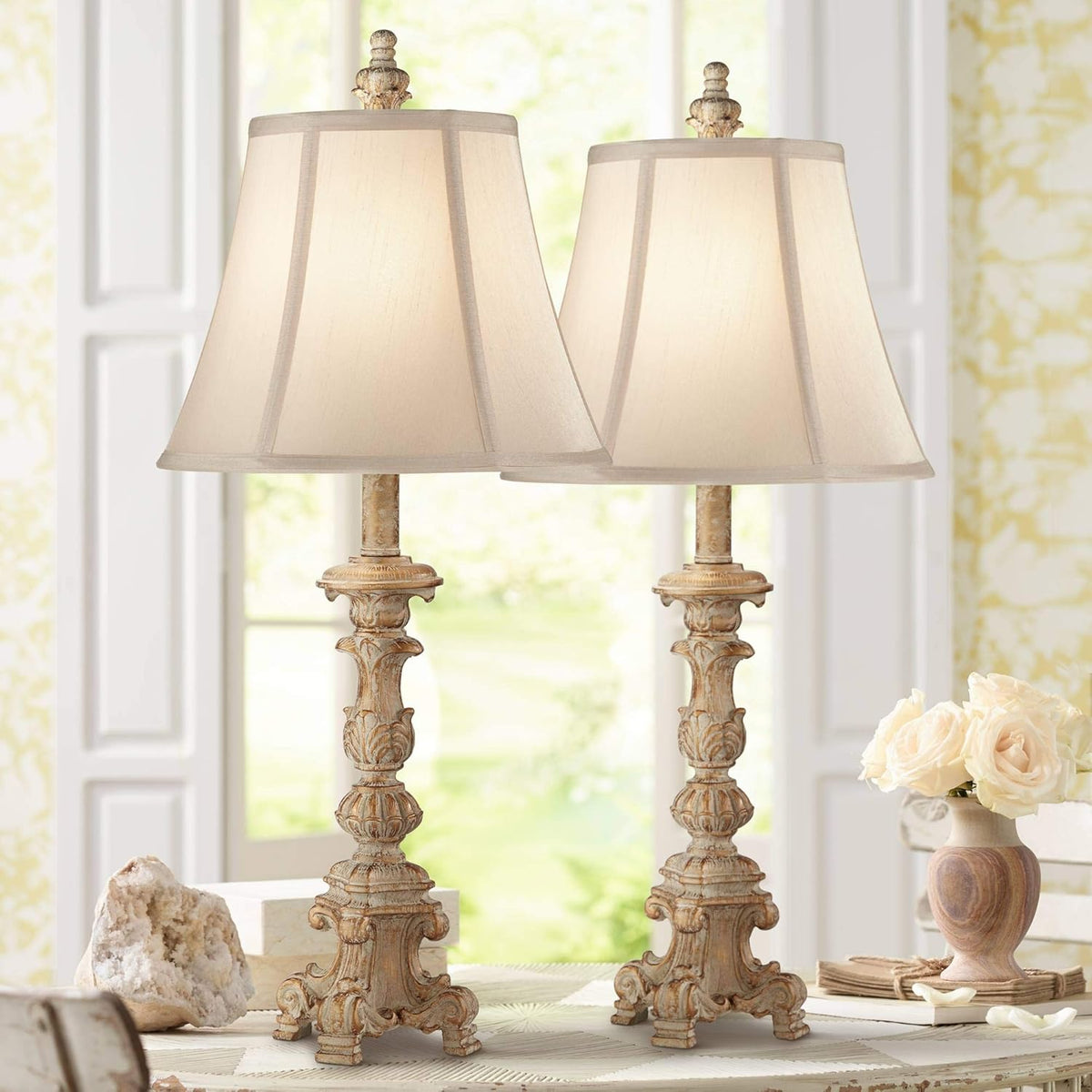 Vintage White Washed Candlestick Table Lamps Set of 2 Bell Shade R834755
