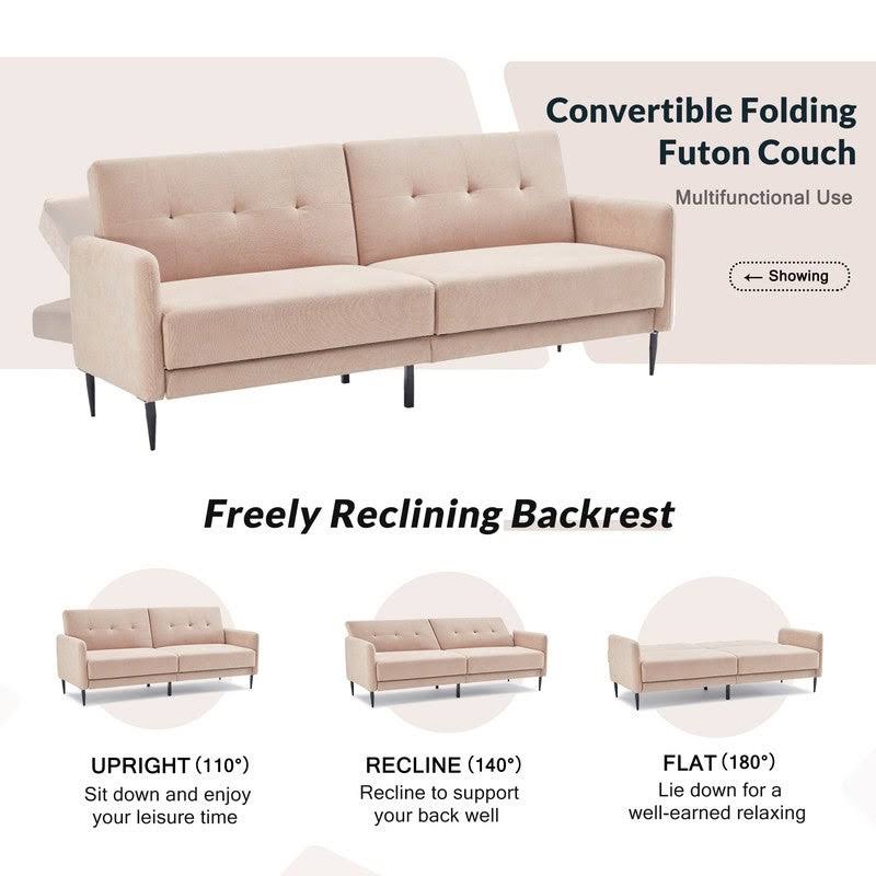 Beige Linen Fabric Folding Futon Sofa Bed with Metal Leg Z3048