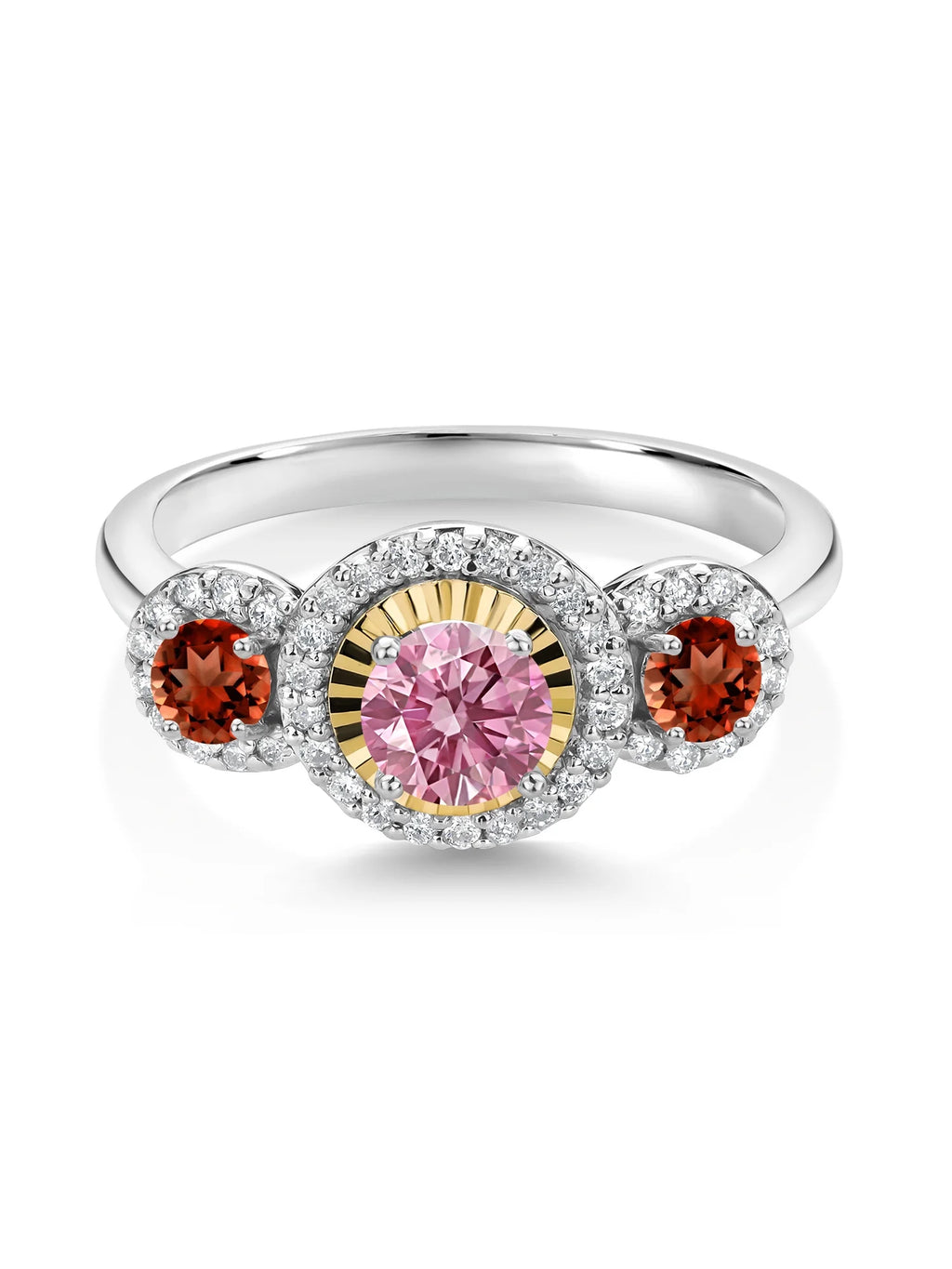 Pink Lab Grown Diamond Red Garnet 925 Silver 10K Yellow Gold 3 Stone Engagement Ring J587