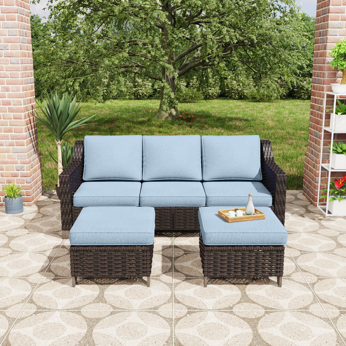 3 Pieces Outdoor Patio Wicker Conversation Set with Cushions, Sky Blue X102223