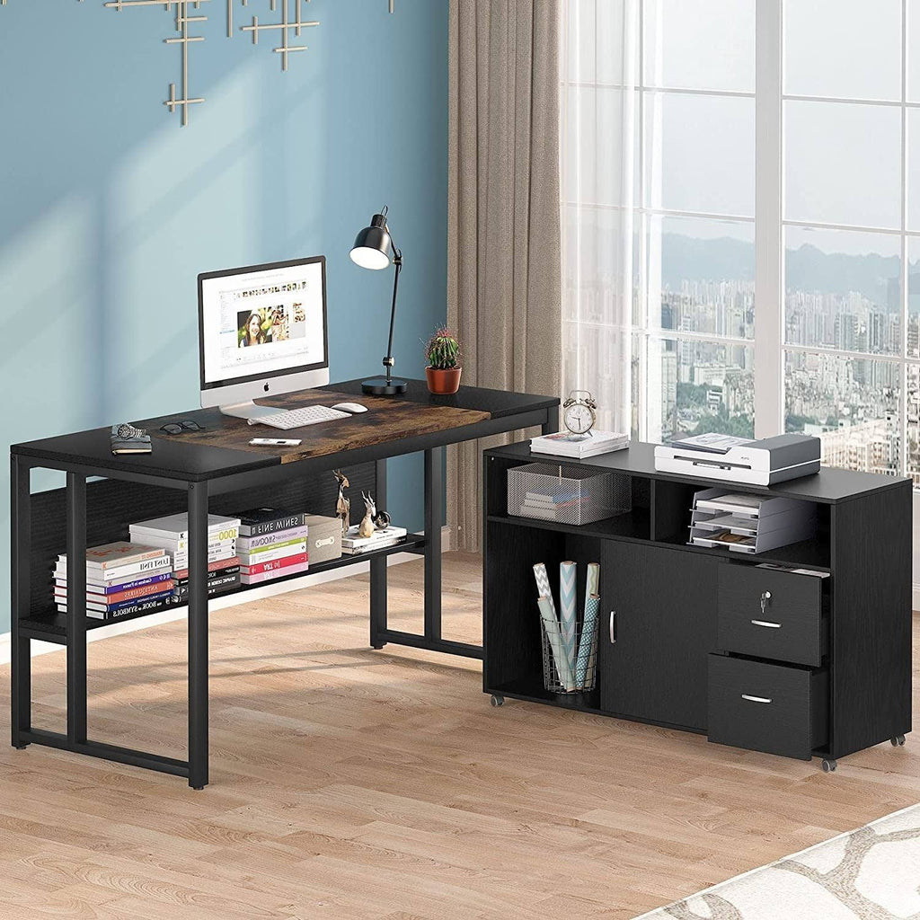 Brown Black L Shaped Computer Desk with File Cabinet Storage Z78454