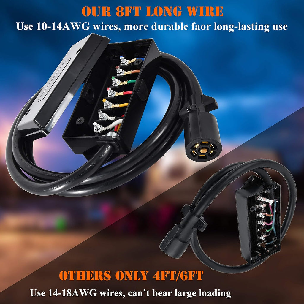 7 Way Inline Trailer Cord with 7 Gang Junction Box, 8 Feet, Waterproof, Pack of 2 M190910
