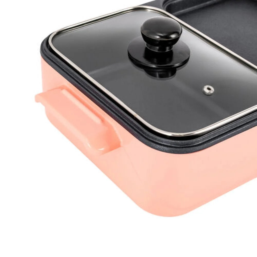 2 in 1 Non-Stick Electric BBQ Grill Hot Pot Griddle Pan Pink X122406