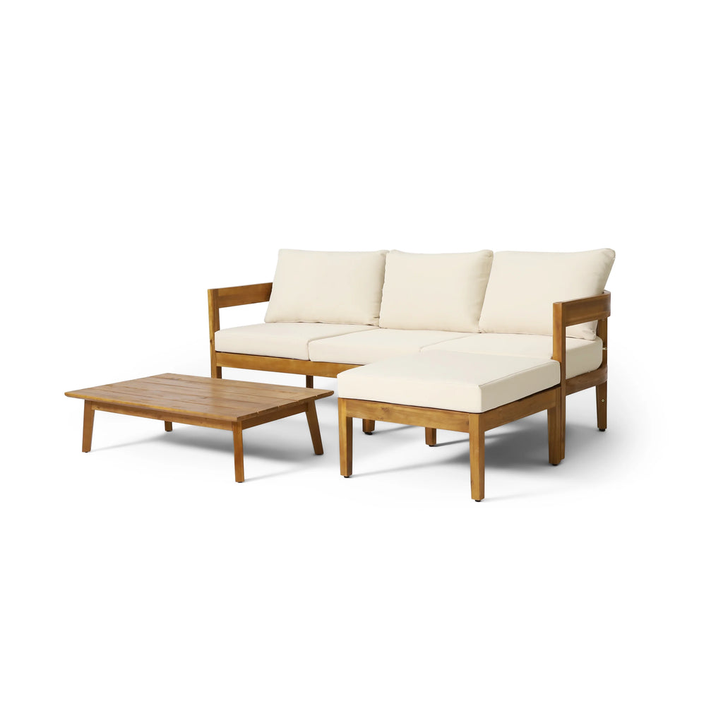 Beige Acacia Wood 3 Seater Sofa Chat Set with Ottoman P73857
