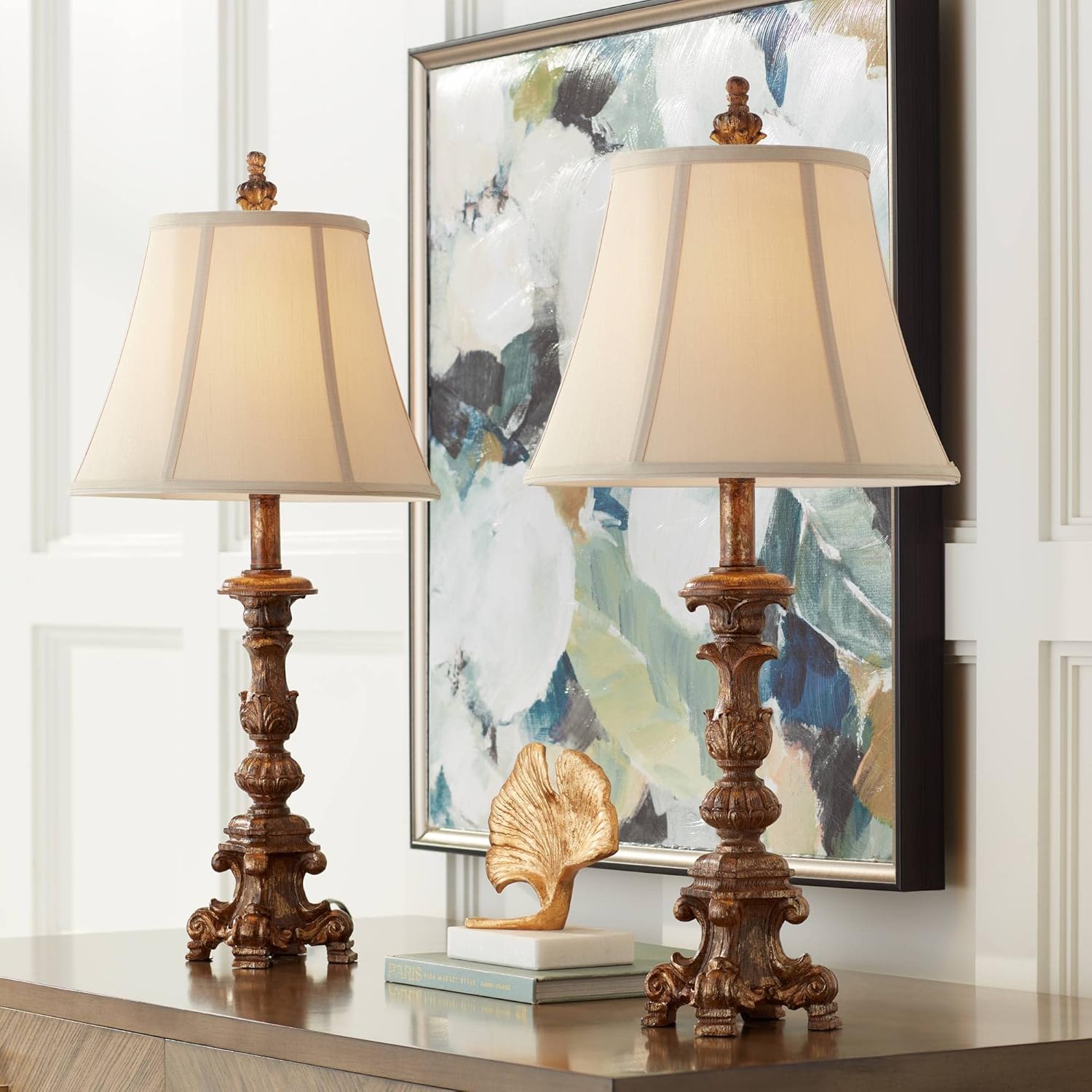 Vintage White Washed Candlestick Table Lamps Set of 2 Bell Shade R834755