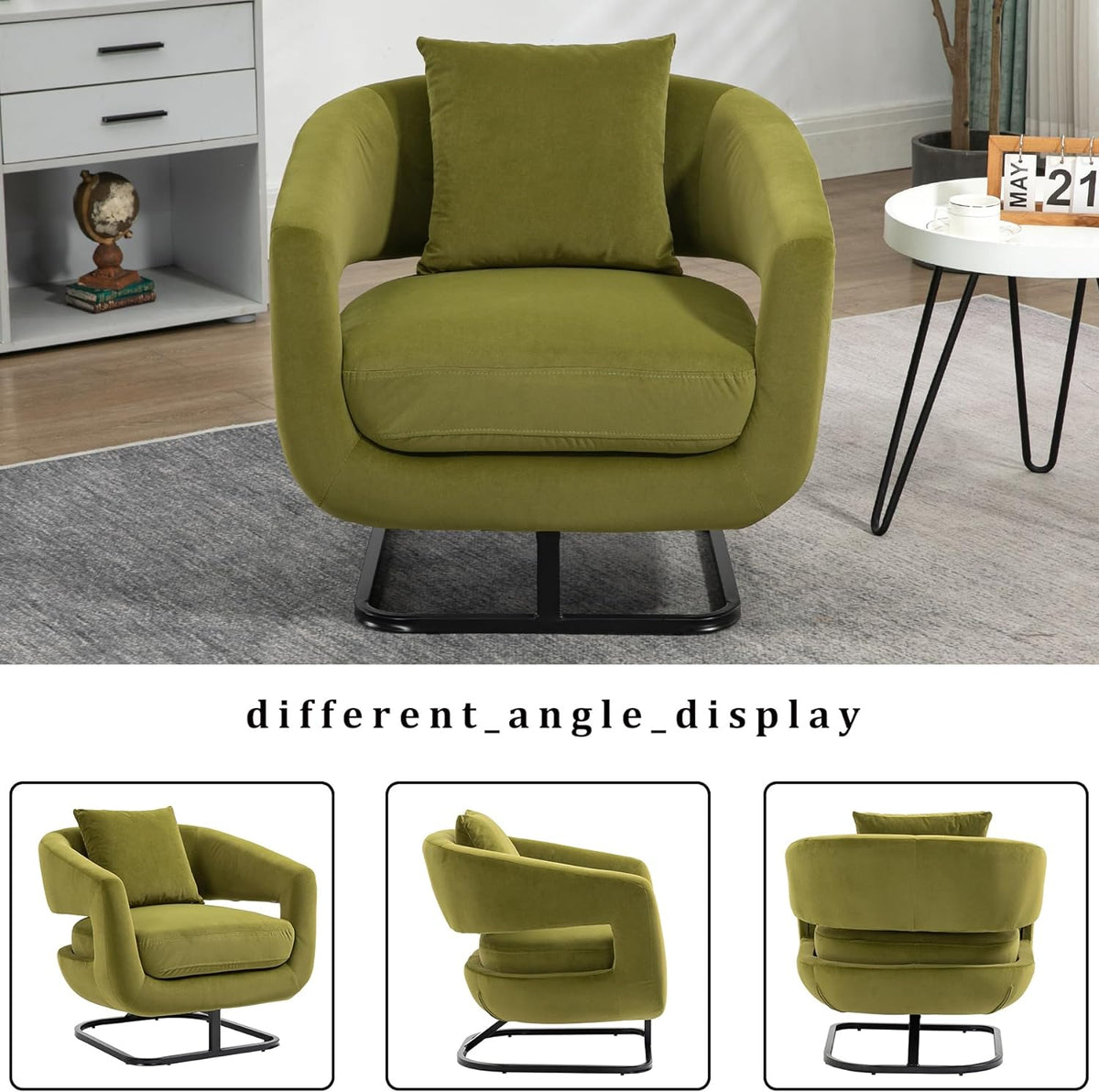 Olive Velvet Barrel Chair with Metal Base S388345