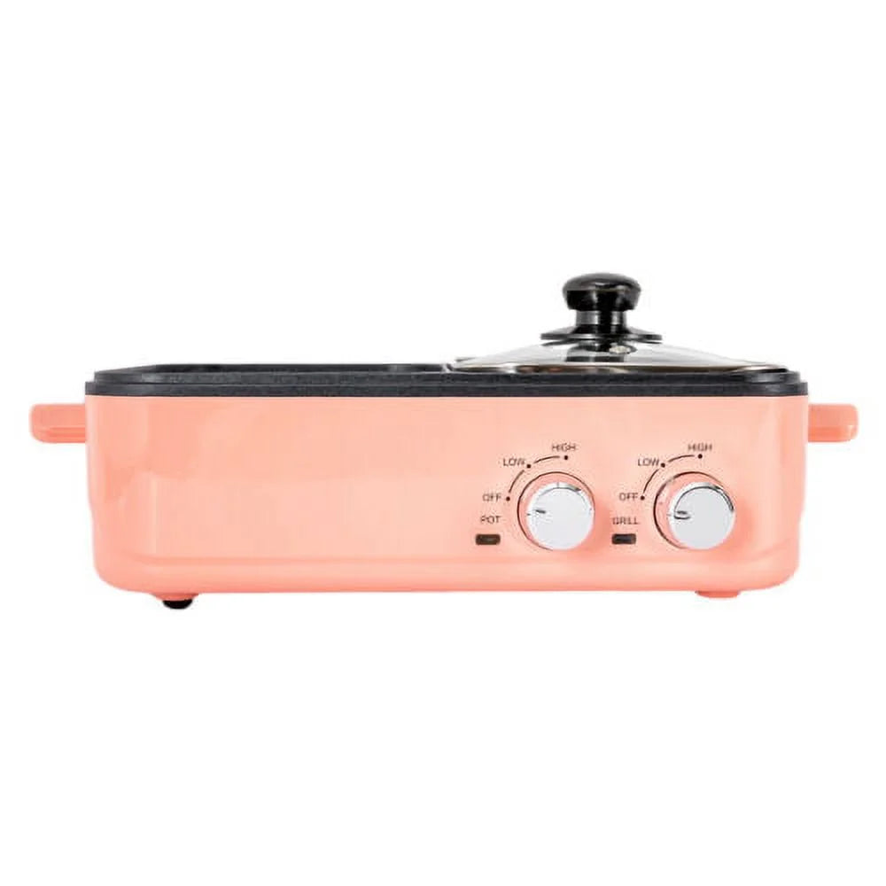 2 in 1 Non-Stick Electric BBQ Grill Hot Pot Griddle Pan Pink X122406