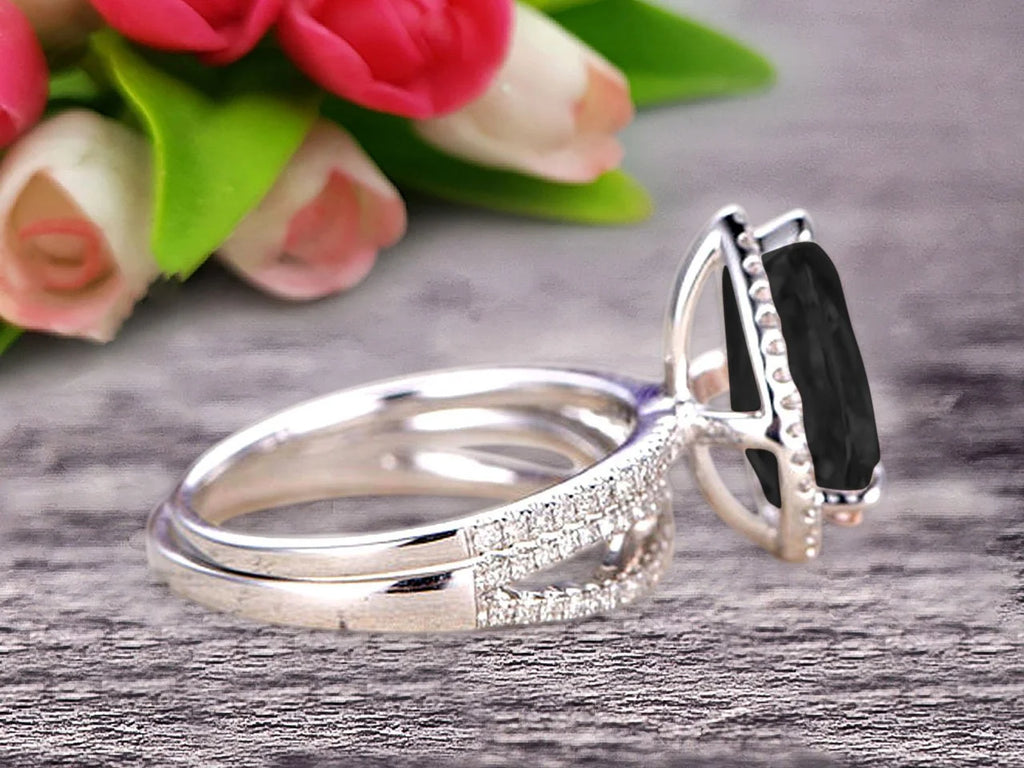 Black Diamond Moissanite Engagement Ring 2.50 Carat Pear Shape 10k White Gold With Matching Band H473165