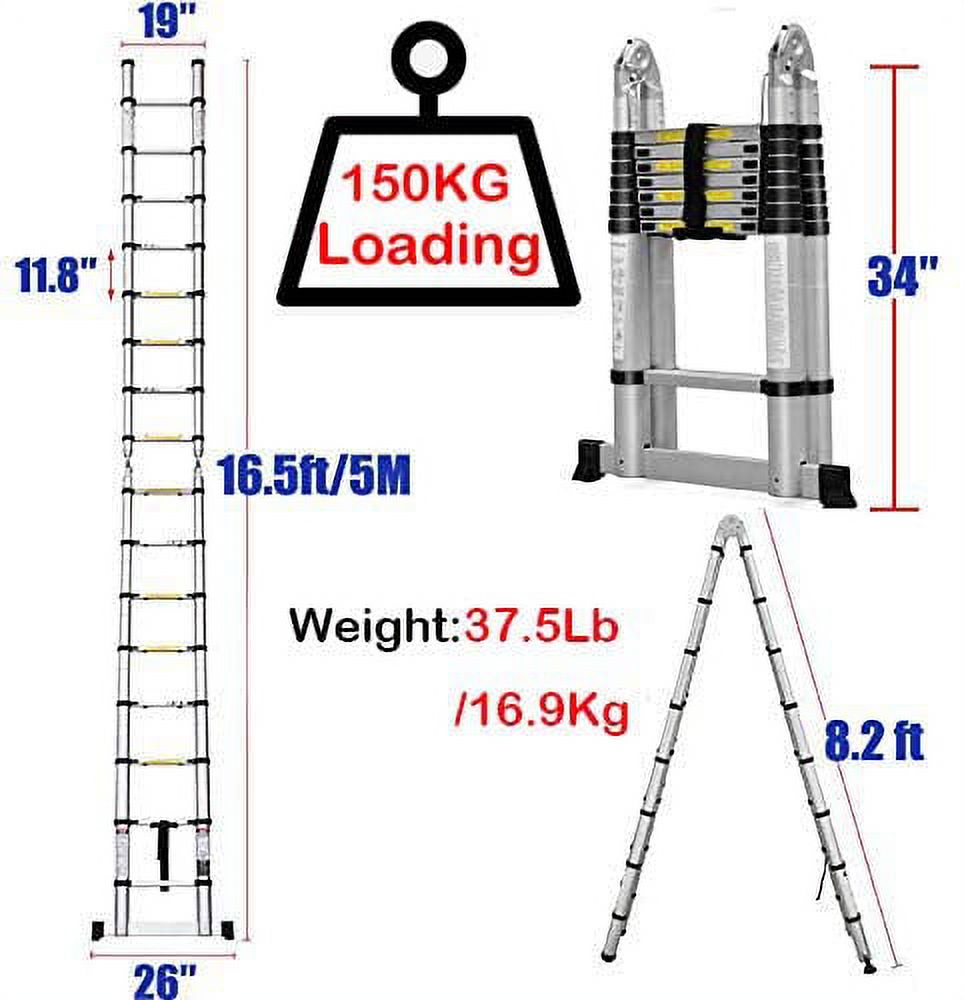 Telescoping Ladder 16.5Ft Aluminum Non-Slip Lightweight Retractable Folding Step Ladder, 330lbs Capacity J3258