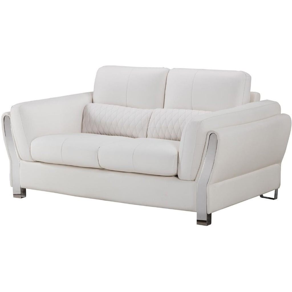 White and Silver Faux Leather Wooden Loveseat with Attached Lumbar Cushion K603