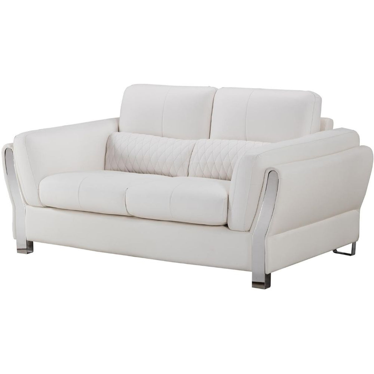 White and Silver Faux Leather Wooden Loveseat with Attached Lumbar Cushion K603