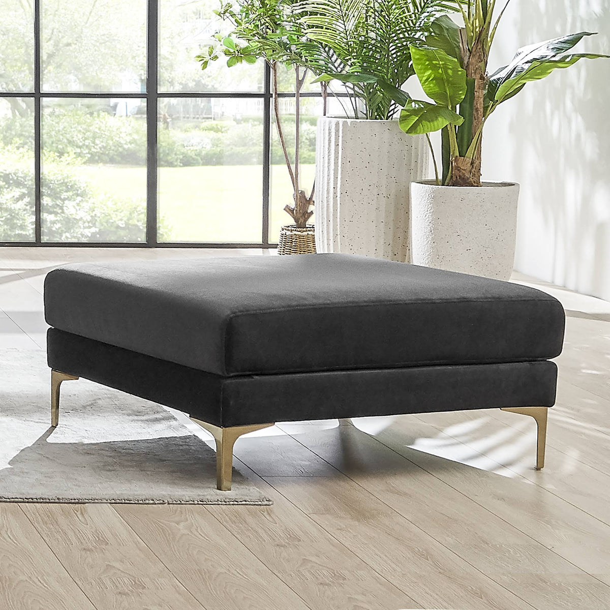 Black Velvet Ottoman with Brass Leg T982