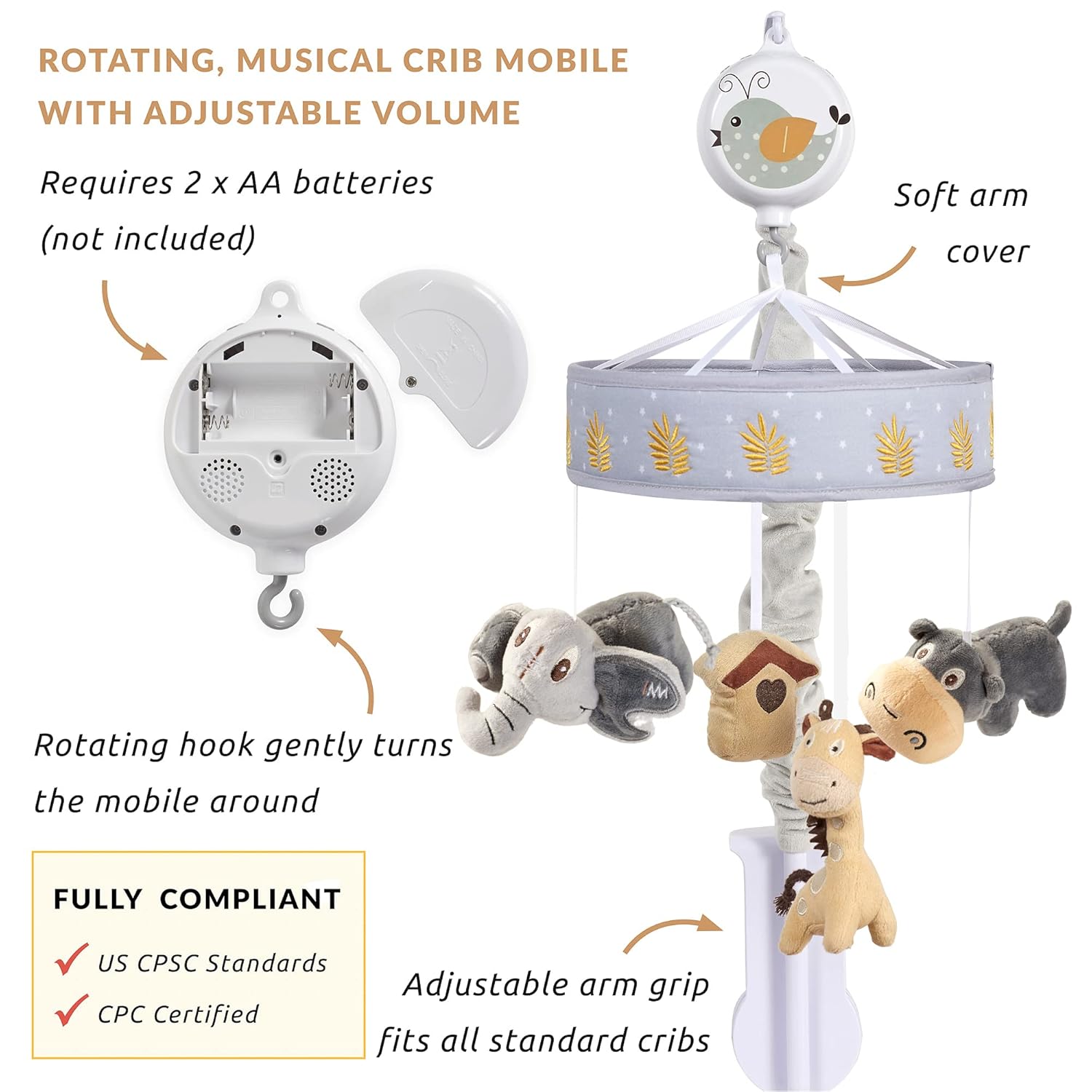 Gray Tan Jungle Animal Baby Crib Mobile K6337