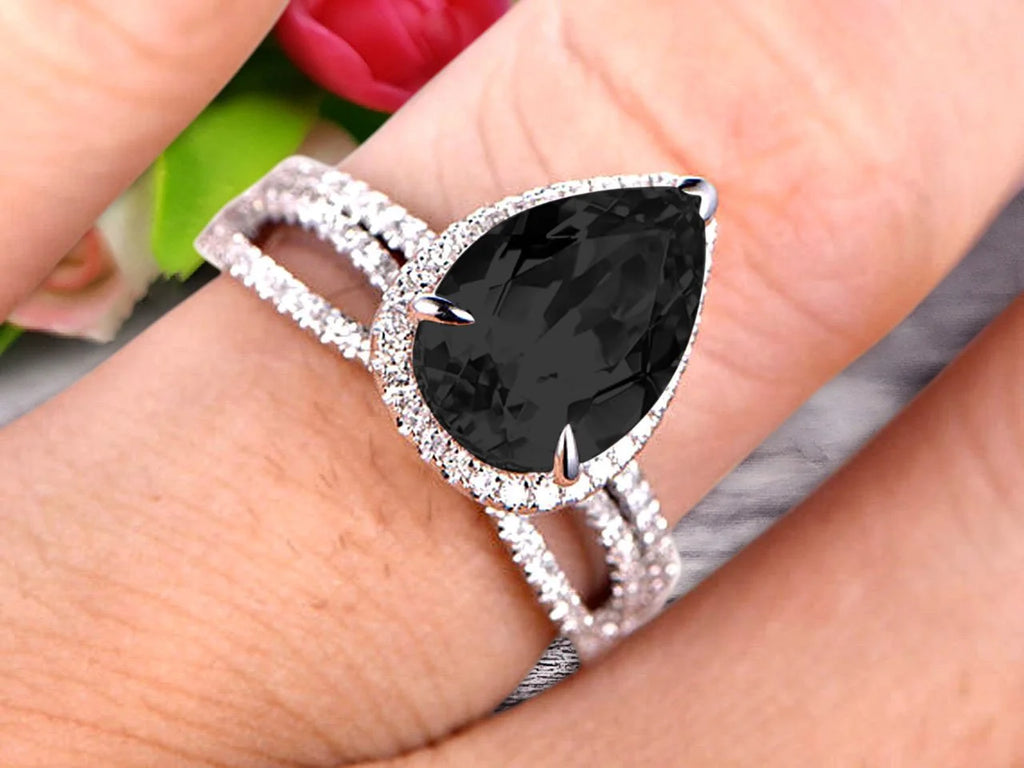 Black Diamond Moissanite Engagement Ring 2.50 Carat Pear Shape 10k White Gold With Matching Band H473165