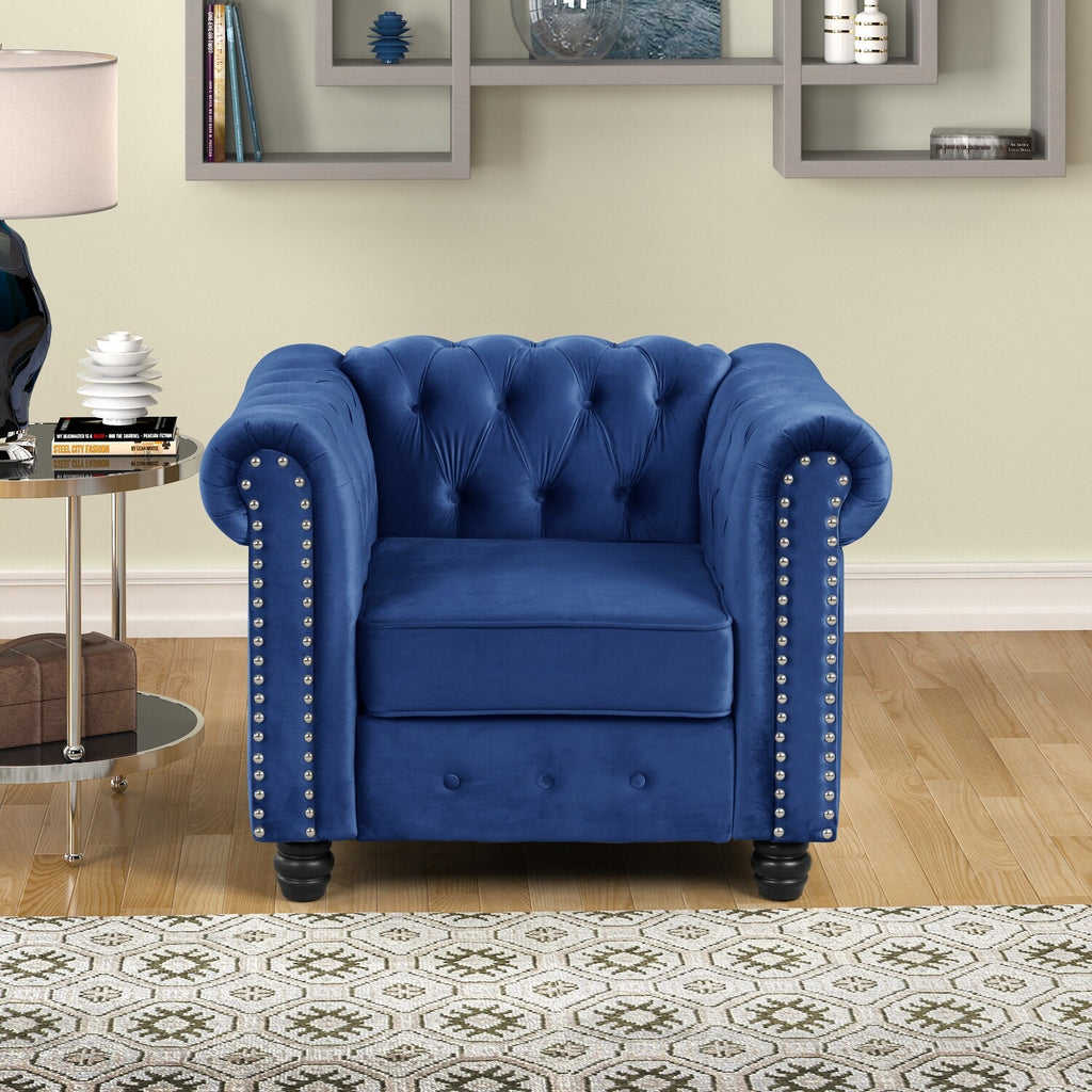 Tufted Velvet-upholstered Chesterfield Armchair Blue B705338