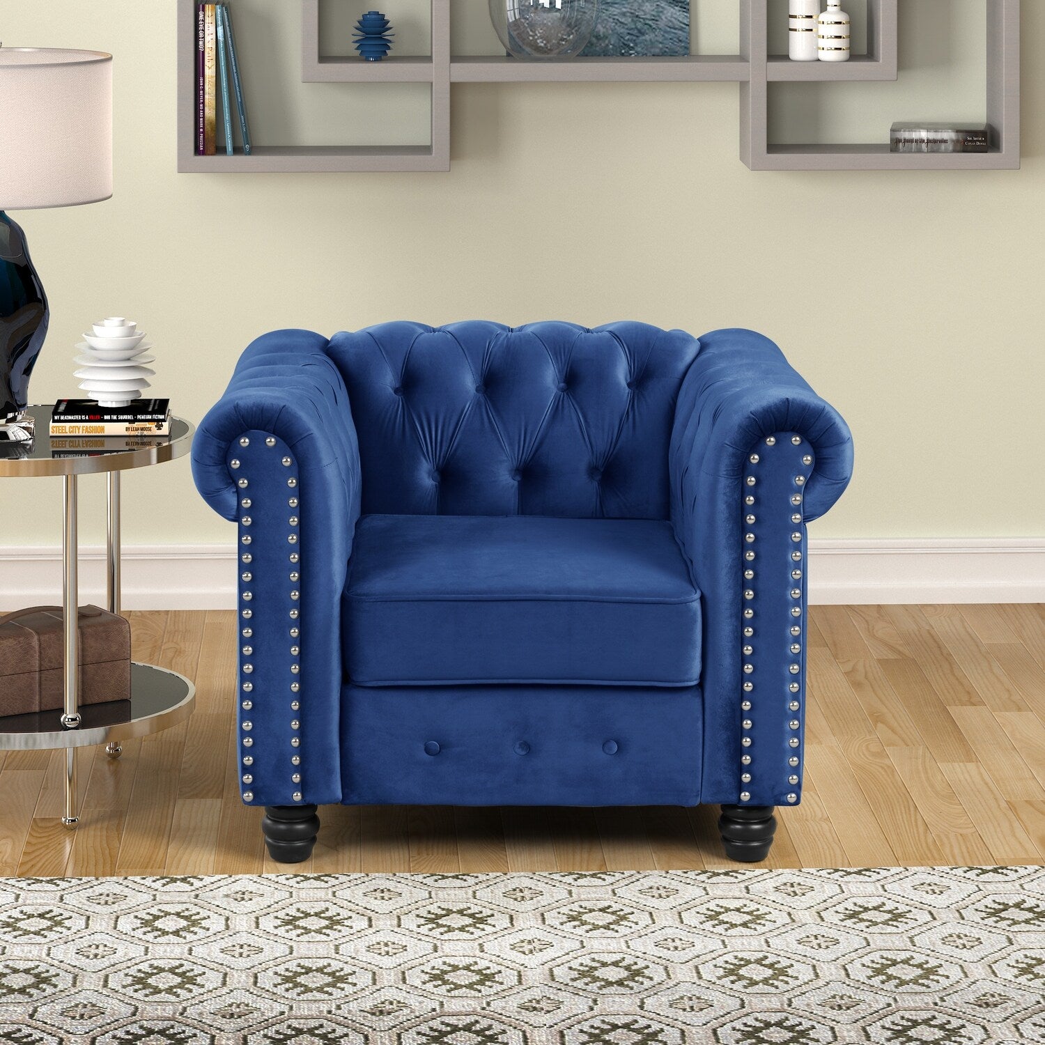 Tufted Velvet-upholstered Chesterfield Armchair Blue B705338