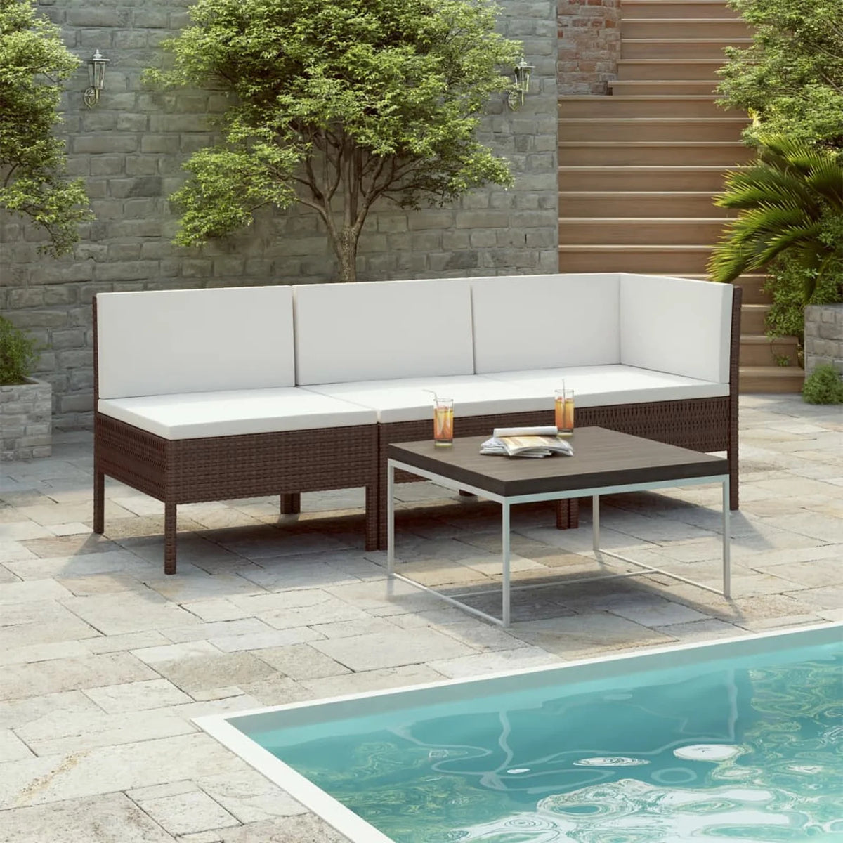 3 Piece Poly Rattan Outdoor Sectional Sofa Set with Cushions Steel Frame X1003