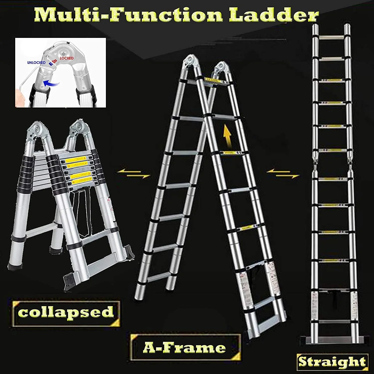 Telescoping Ladder 16.5Ft Aluminum Non-Slip Lightweight Retractable Folding Step Ladder, 330lbs Capacity J3258