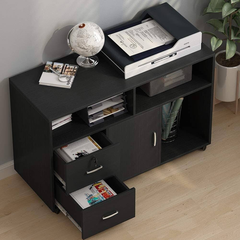 Brown Black L Shaped Computer Desk with File Cabinet Storage Z78454