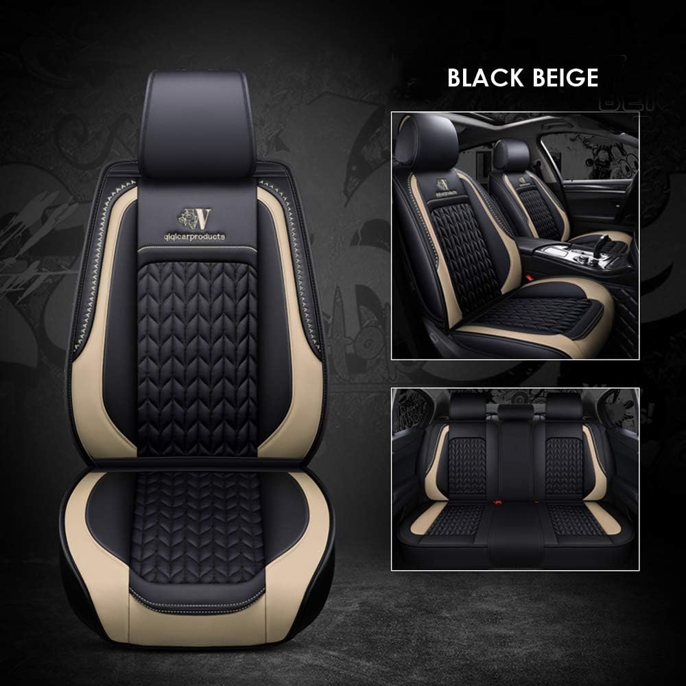 Black Beige Leather Car Seat Covers Full Set I450