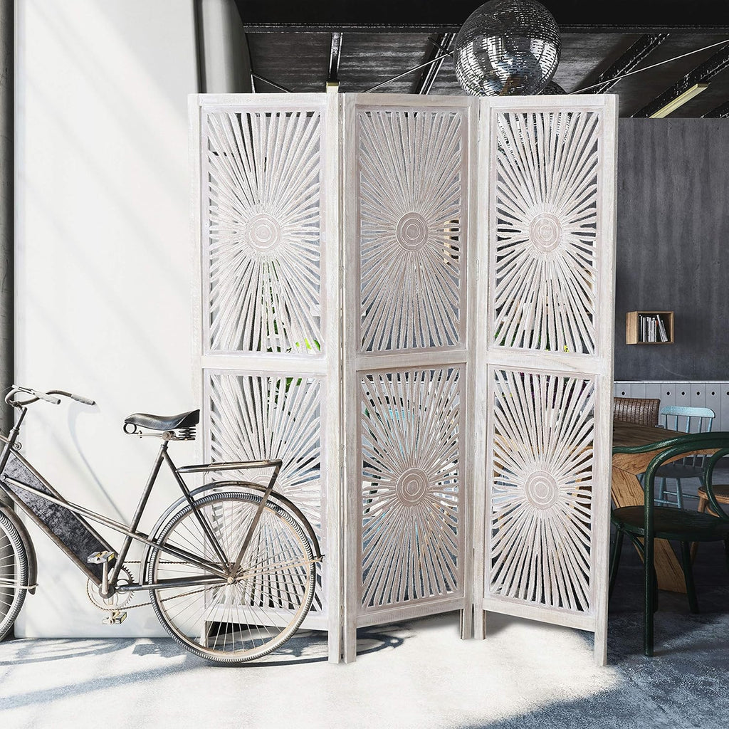 3 Panel Room Divider, Mango and MDF Wood, 71.75 Inches Tall Y22264