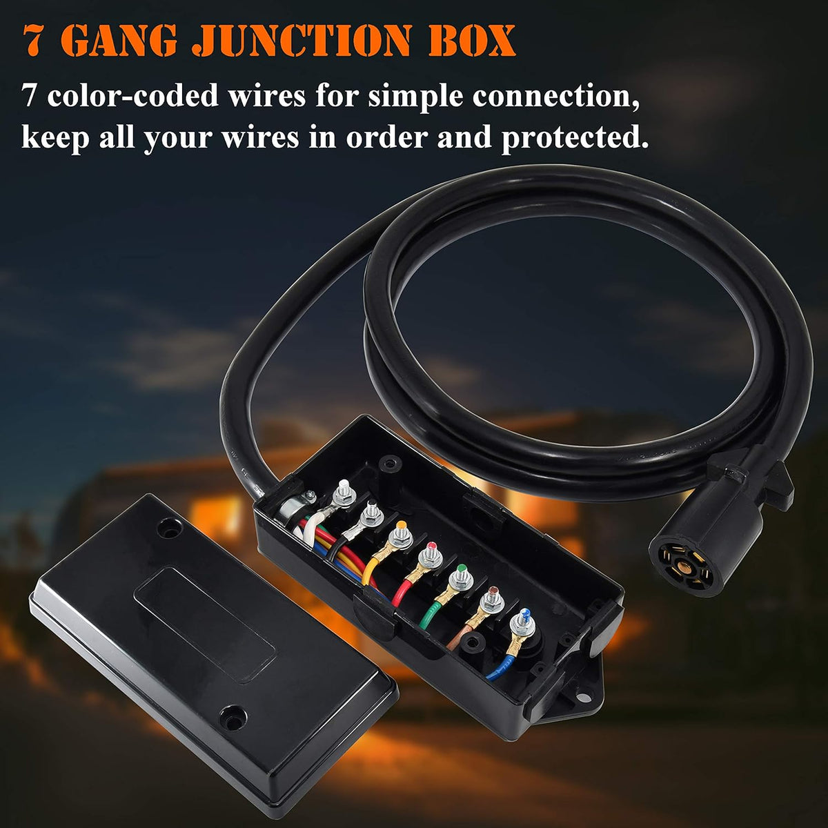 7 Way Inline Trailer Cord with 7 Gang Junction Box, 8 Feet, Waterproof, Pack of 2 M190910