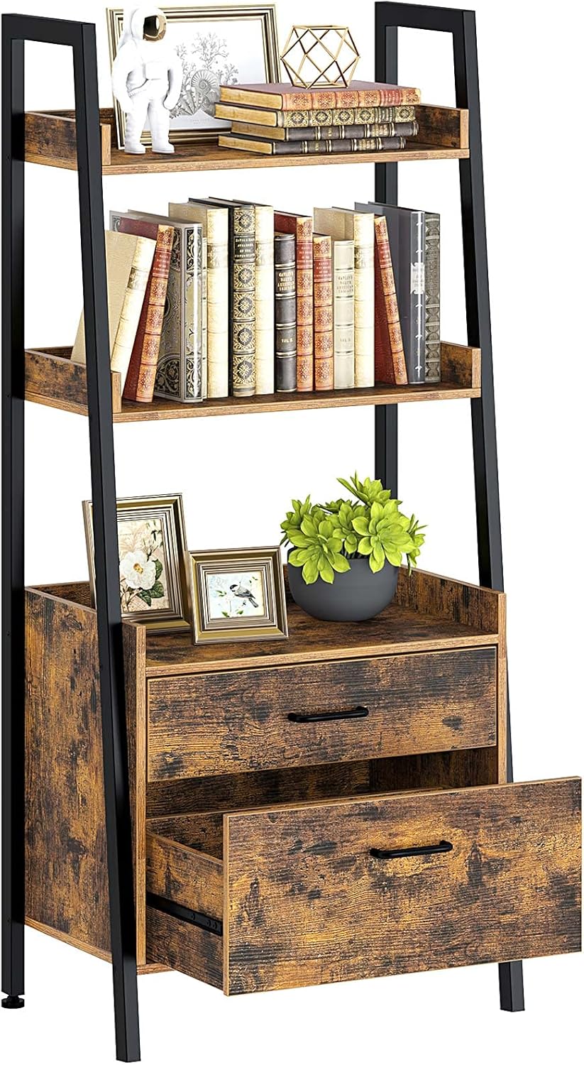 Rustic Brown 3 Tier Ladder Shelf with 2 Drawers Y29689