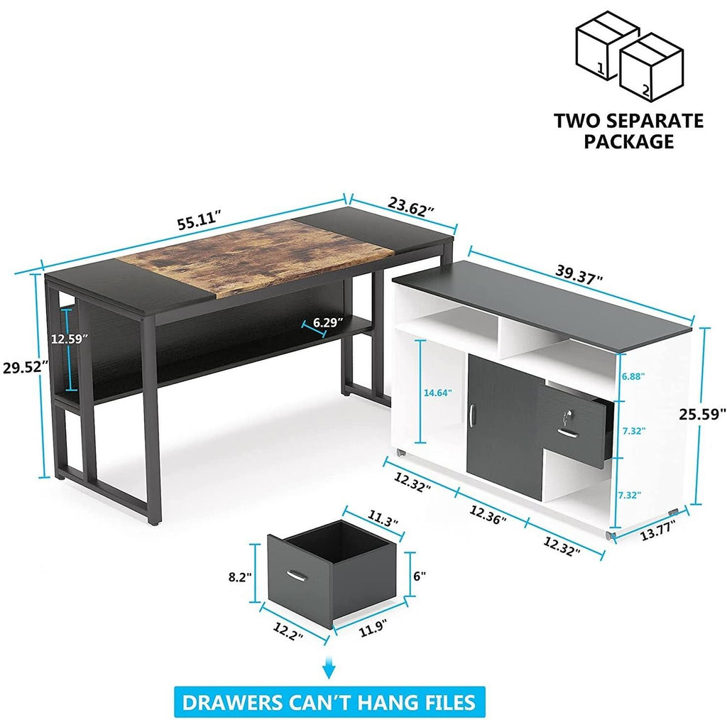 Brown Black L Shaped Computer Desk with File Cabinet Storage Z78454