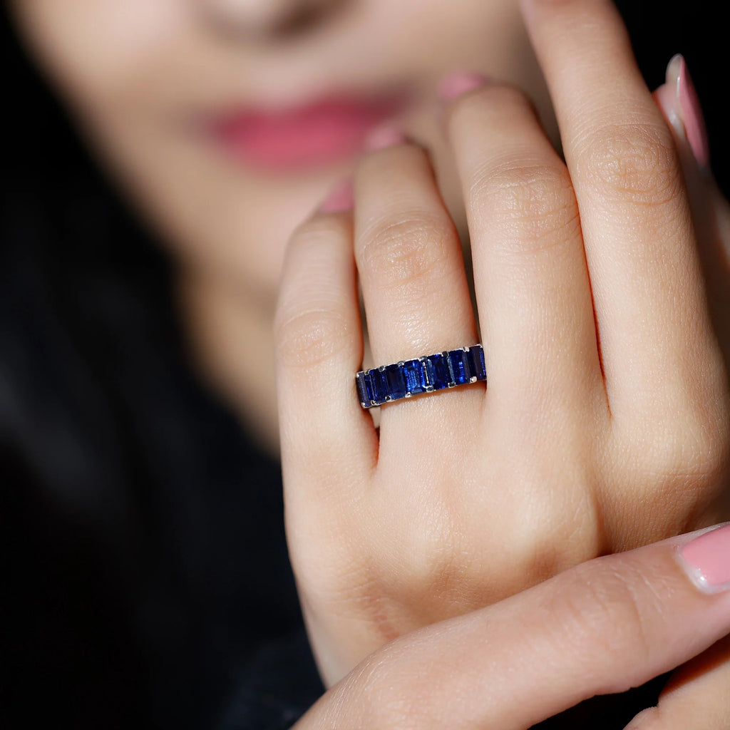 14K White Gold Octagon Cut Blue Sapphire Eternity Ring X7925