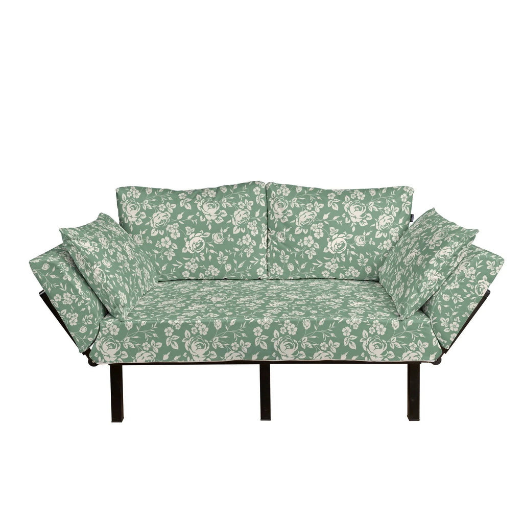 Reseda Green Cream Floral Upholstered Futon Sofa with Metal Frame F53453