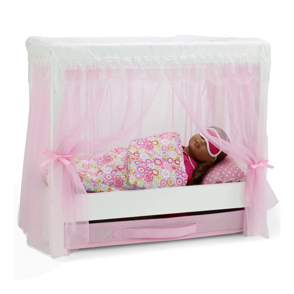 18 Inch Doll Canopy Single Bed with Doll Clothes Storage Drawer and 5 Piece Colorful Bedding Set P452354