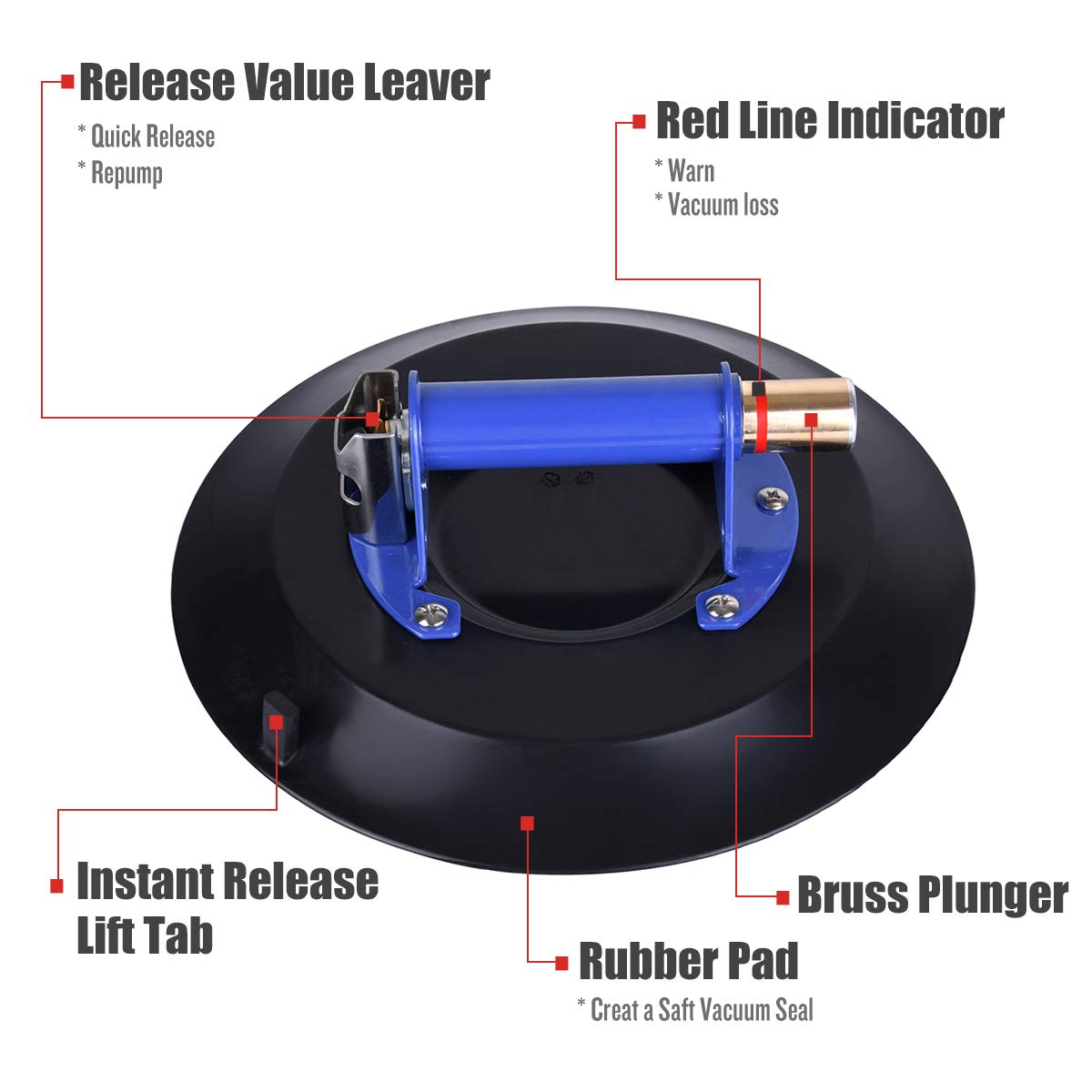 8 Glass Suction Cup Vacuum Glass Lifter with Metal Handle and Brass Pump Q361