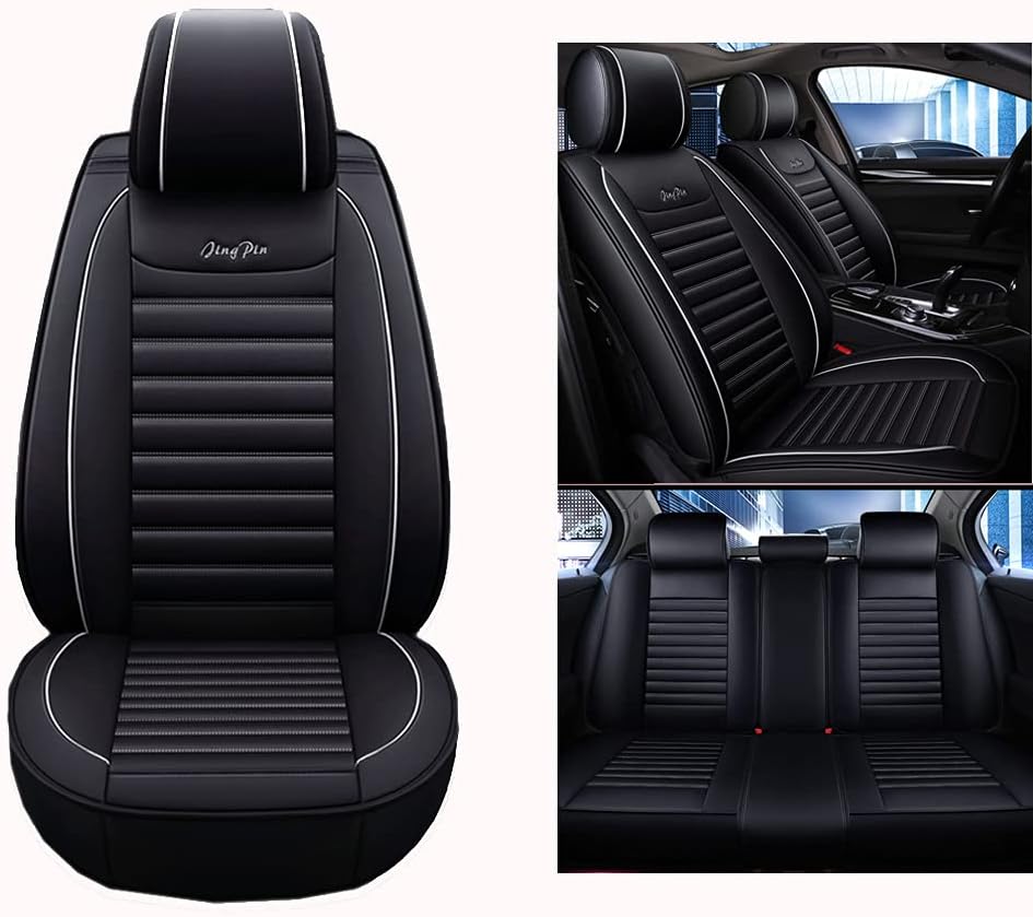 Black Beige Leather Car Seat Covers Full Set I450
