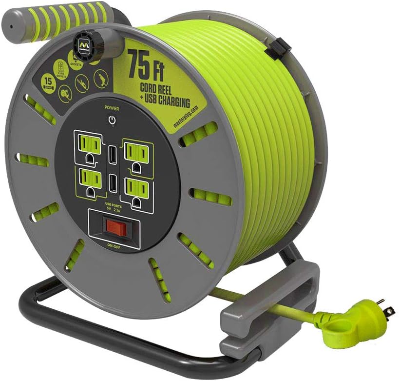 Heavy Duty Metal Cord Reel with 4 Outlets and 12 Gauge Cord (100ft) D947