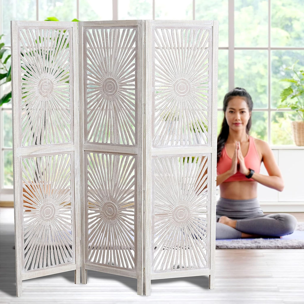 3 Panel Room Divider, Mango and MDF Wood, 71.75 Inches Tall Y22264