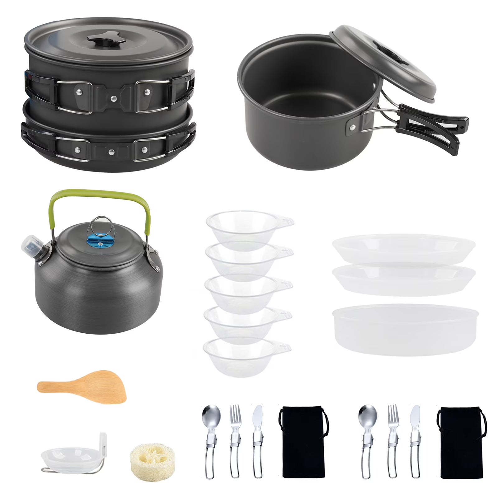 Non-Stick Camping Cookware Mess Kit with Pot, Pan, and Kettle F702393